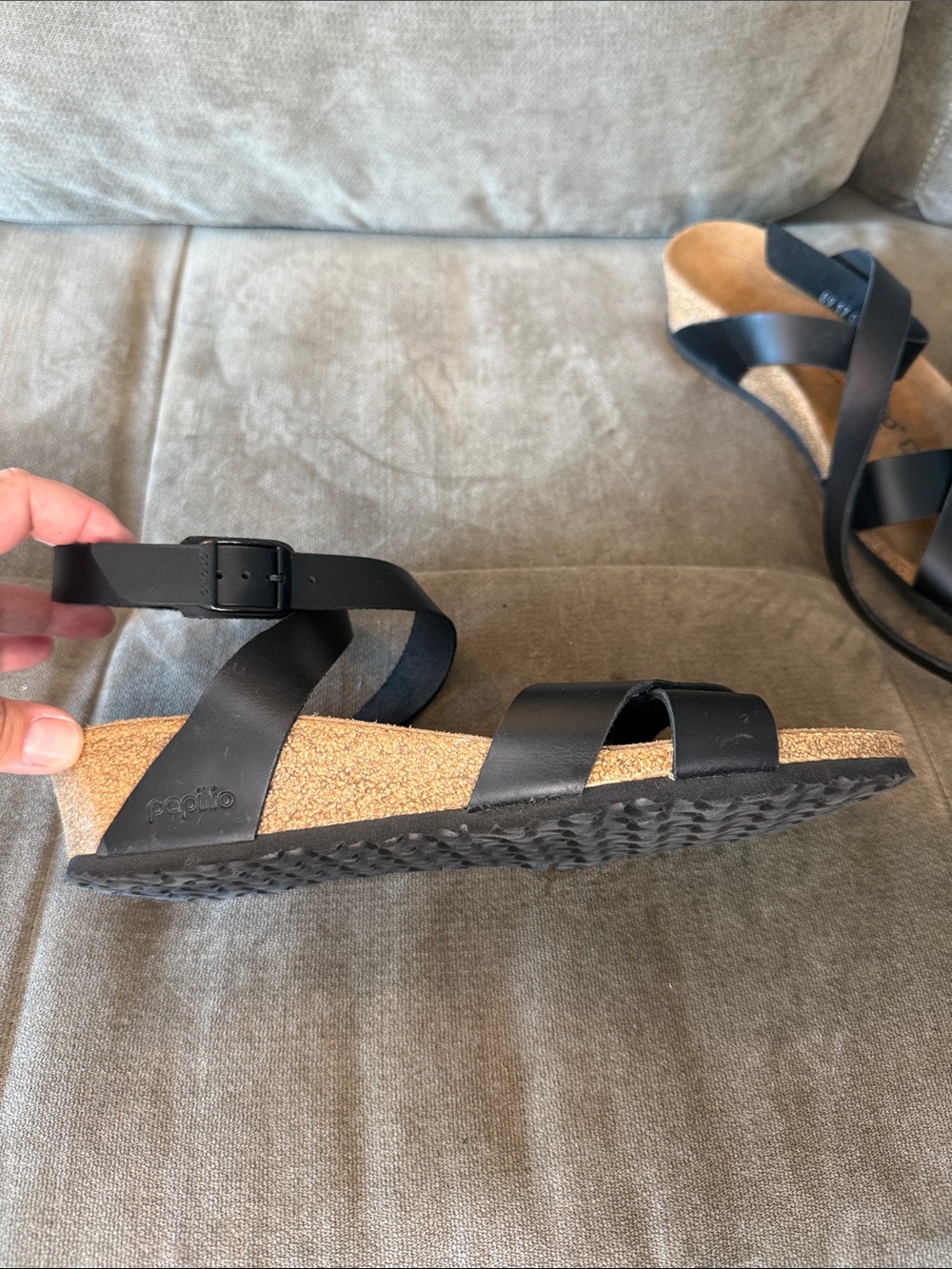 Birkenstock Black Leather Strappy Cork Wedge Sandals - Picture 6 of 9